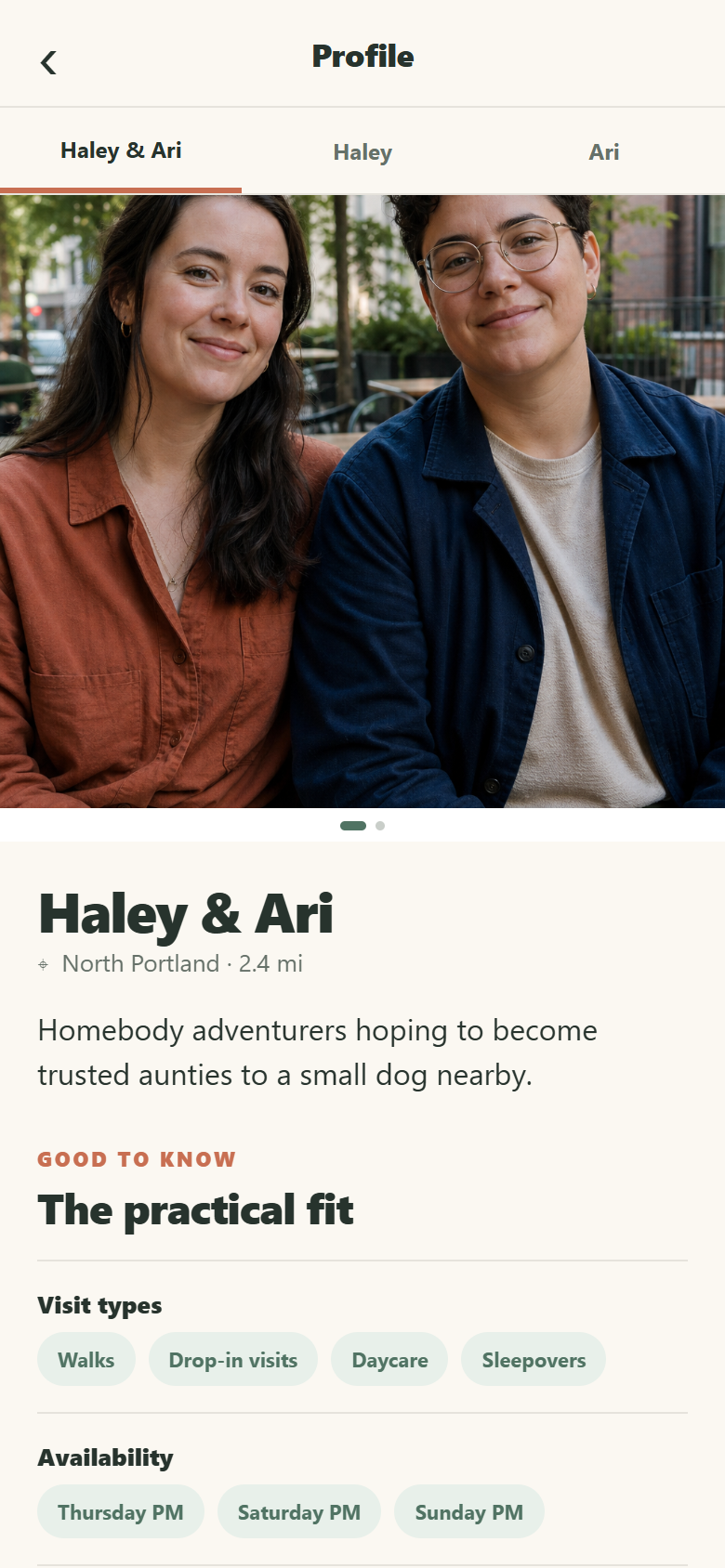 Haley and Ari's profile showing compatibility and availability details