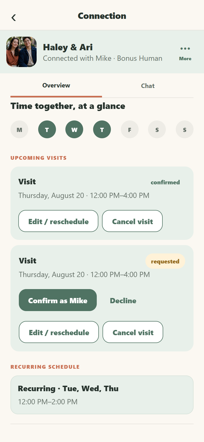 Connection schedule showing upcoming visits and a recurring schedule