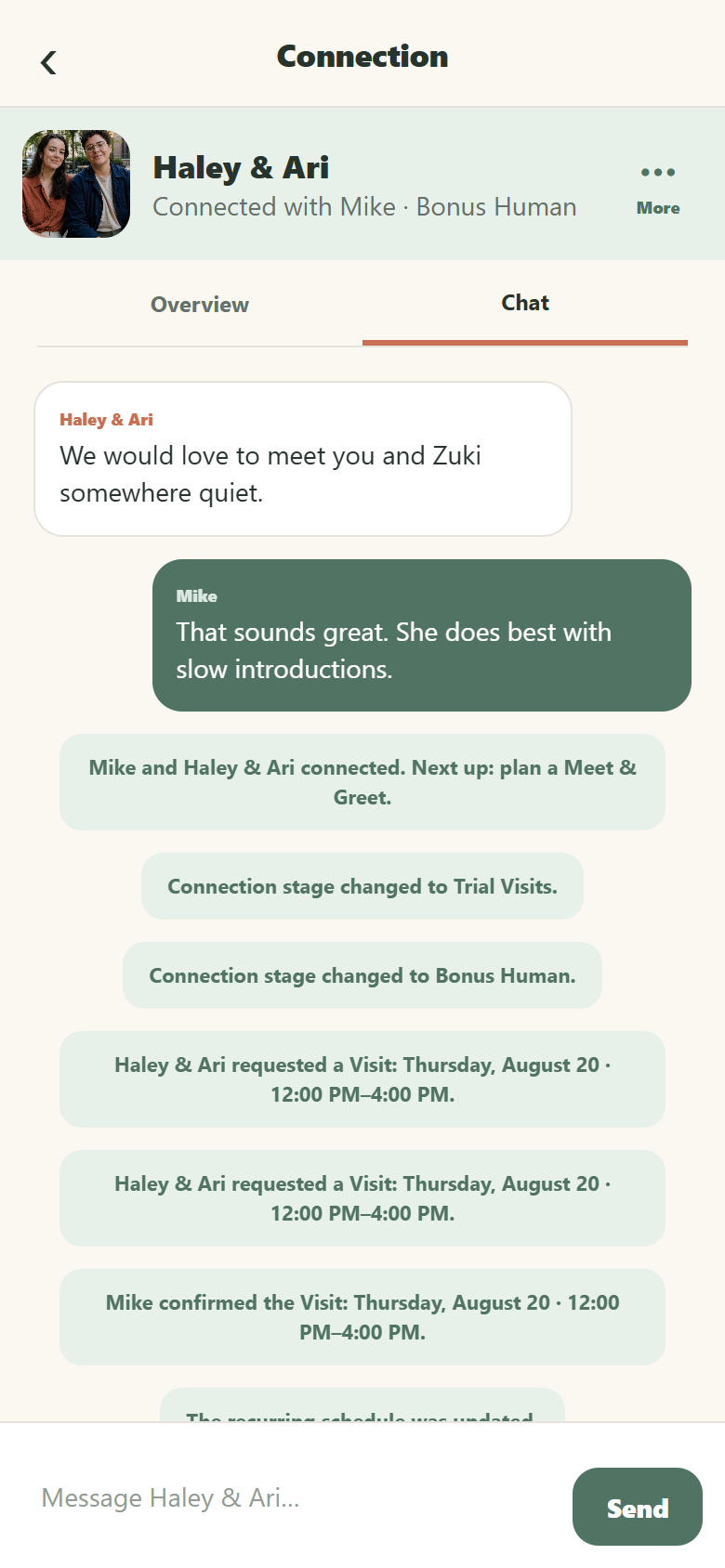 Pet Chat with messages and visit coordination updates