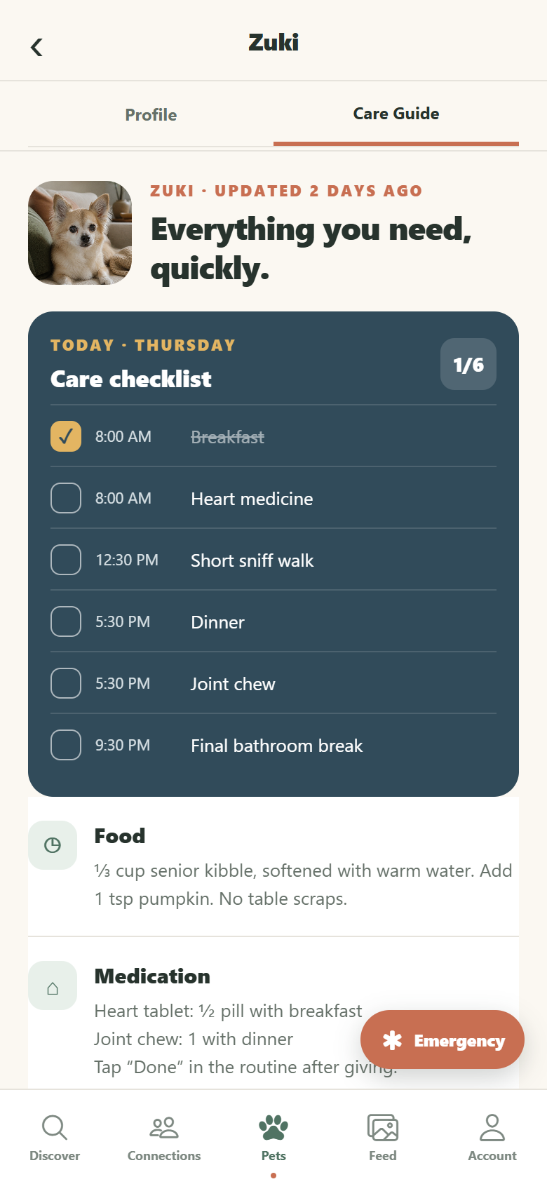Zuki's Care Guide showing routine, food, medication, and emergency access