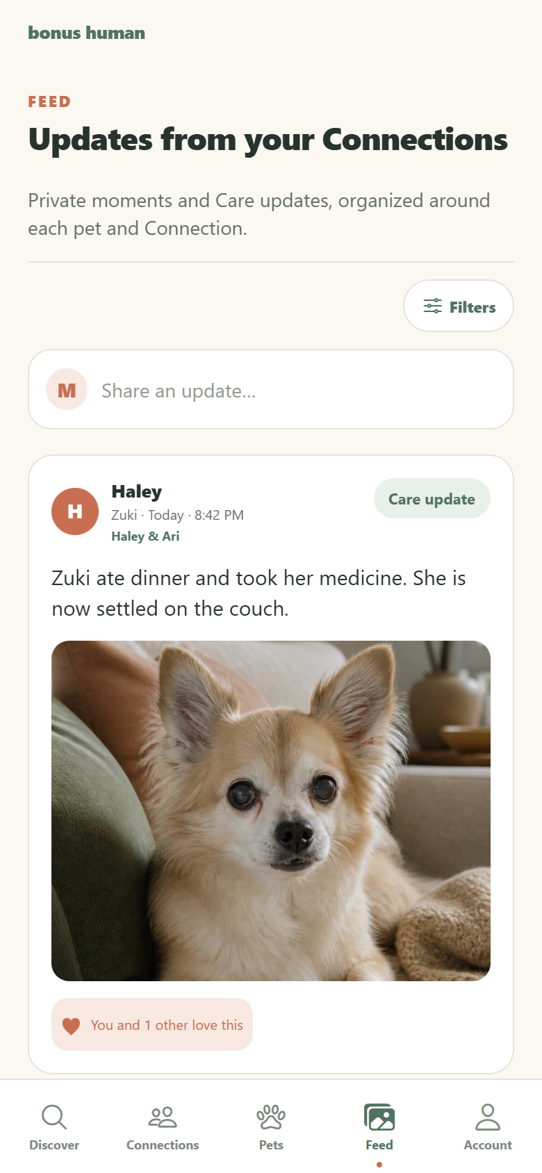 Pet Feed with a photo and care update about Zuki