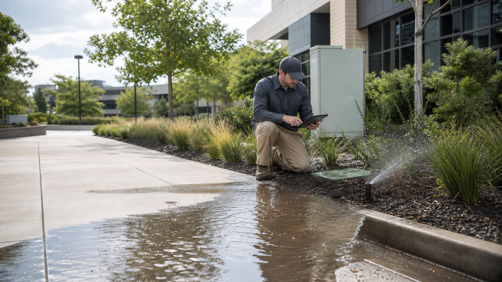 Field professional investigating irrigation runoff with a tablet at a commercial property